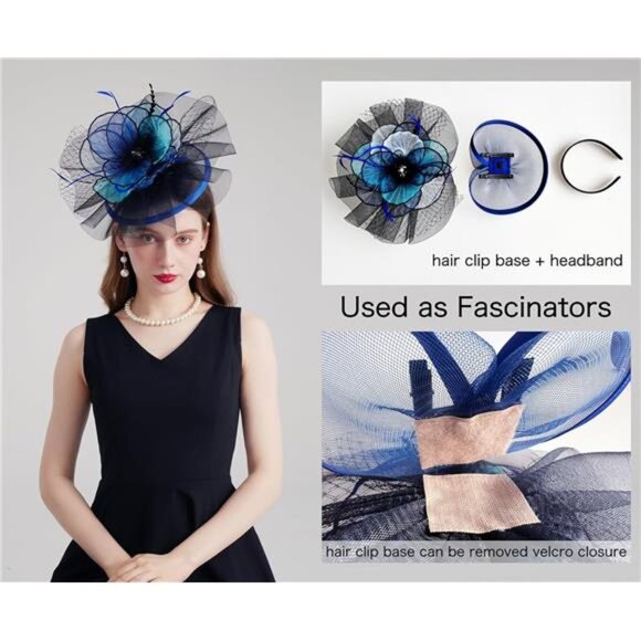 Women Organza Church Tea Party Hats Floral Blue main image 5